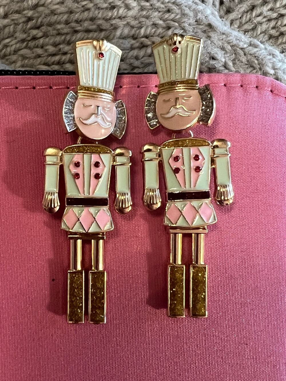 Pink Green Moving Head Nutcracker Dangle Statement Holiday Earrings